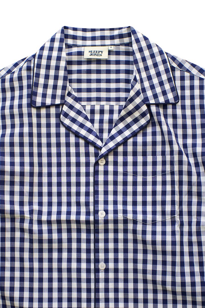 SLEEPY JONES - SHORT SLEEVE HENRY PAJAMA SHIRT -LARGE GINGHAM NAVY