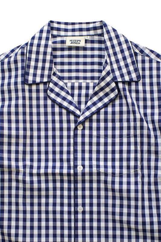 SLEEPY JONES - SHORT SLEEVE HENRY PAJAMA SHIRT -LARGE GINGHAM NAVY