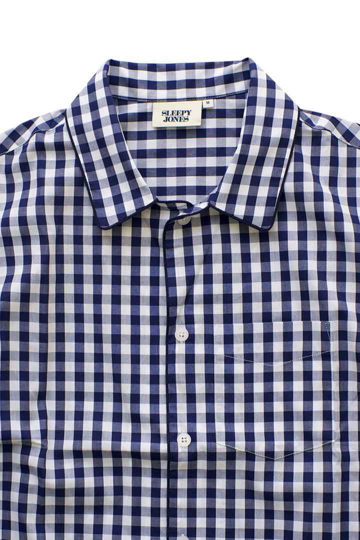 SLEEPY JONES - SHORT SLEEVE HENRY PAJAMA SHIRT -LARGE GINGHAM NAVY