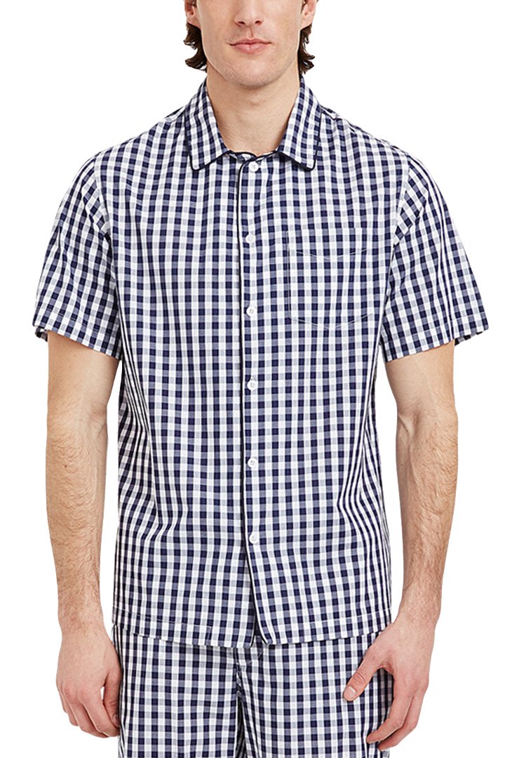 SLEEPY JONES - SHORT SLEEVE HENRY PAJAMA SHIRT -LARGE GINGHAM NAVY