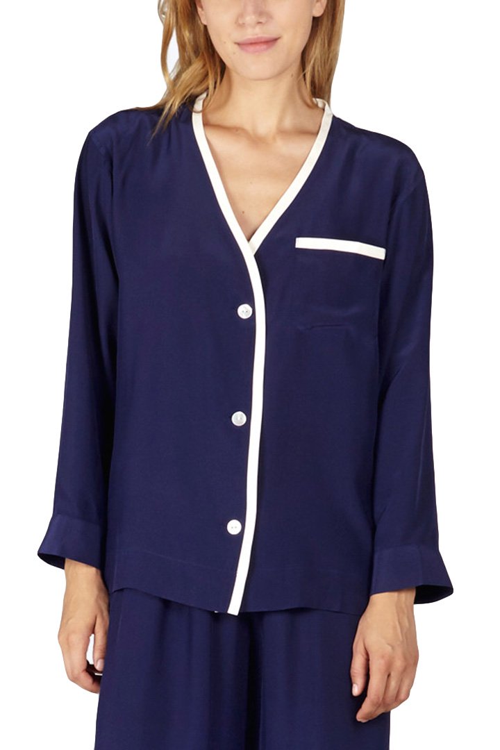 SLEEPY JONES WOMEN'S - BETTINA SILK CARDIGAN -SILK CHARMEUSE NAVY