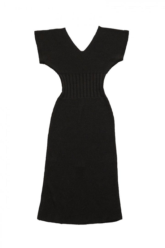 WRYHT- SLIT NECK KNIT DRESS - BLACK