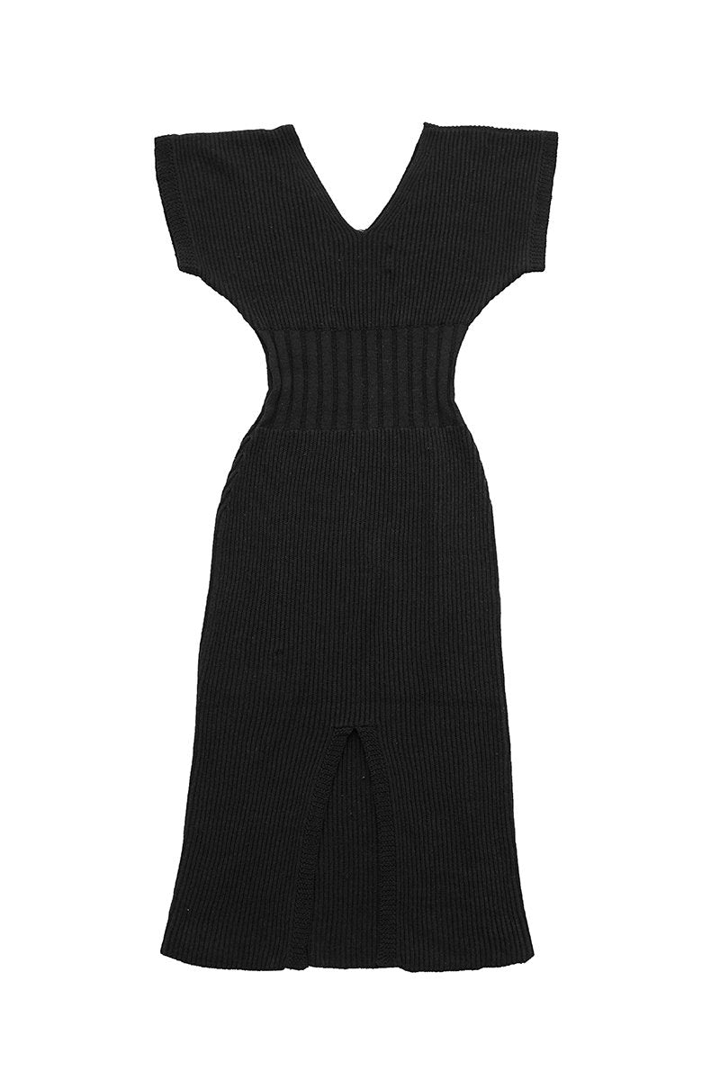 WRYHT- SLIT NECK KNIT DRESS - BLACK