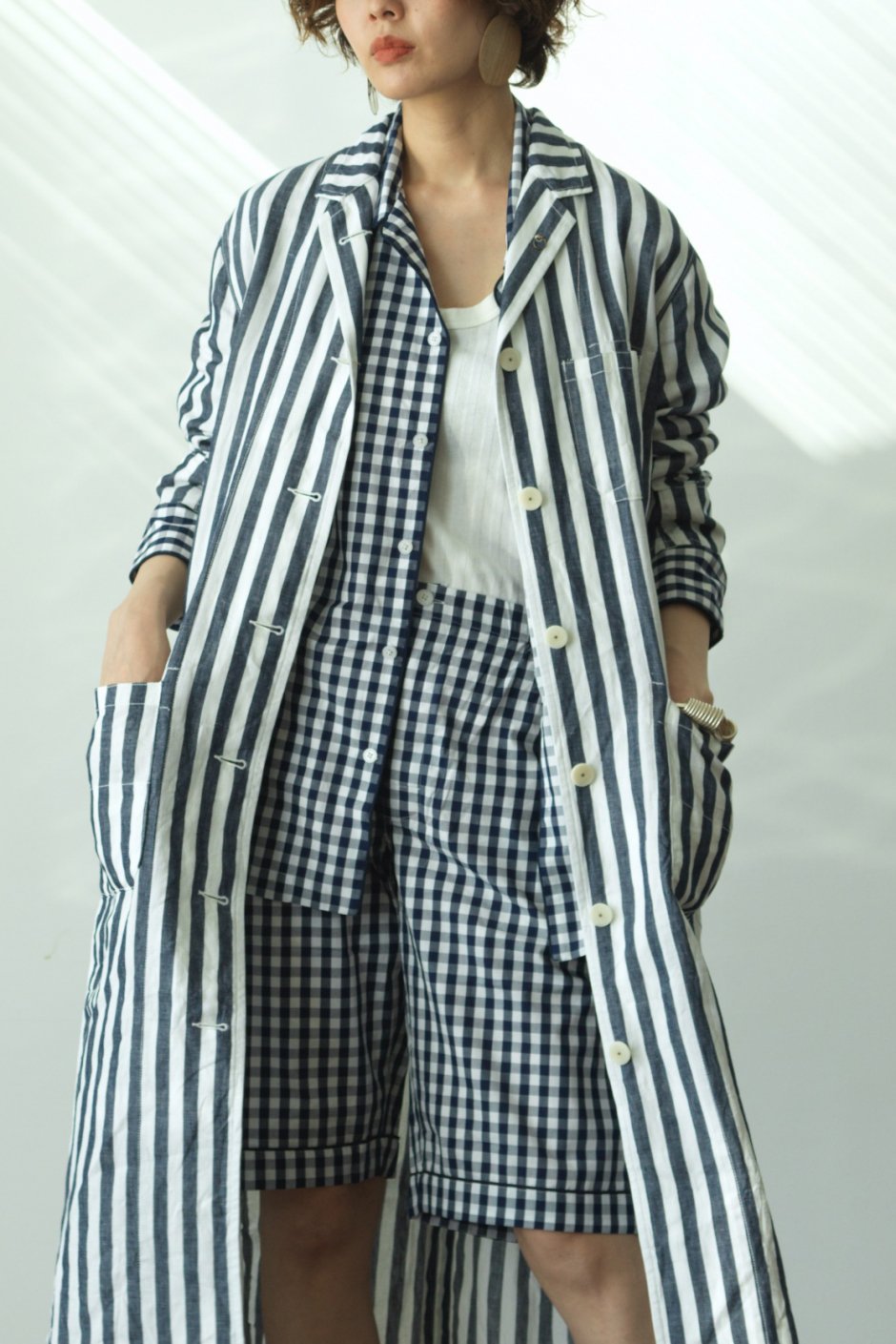 Nigel Cabourn woman - LONG ATELIER COAT STRIPE - NAVY