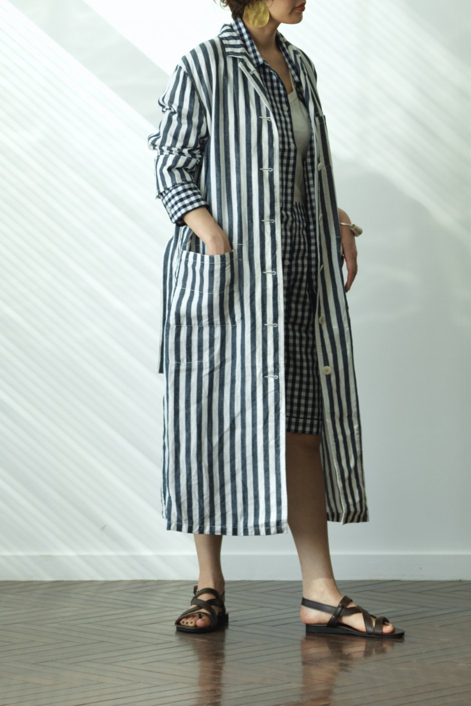 Nigel Cabourn woman - LONG ATELIER COAT STRIPE - NAVY