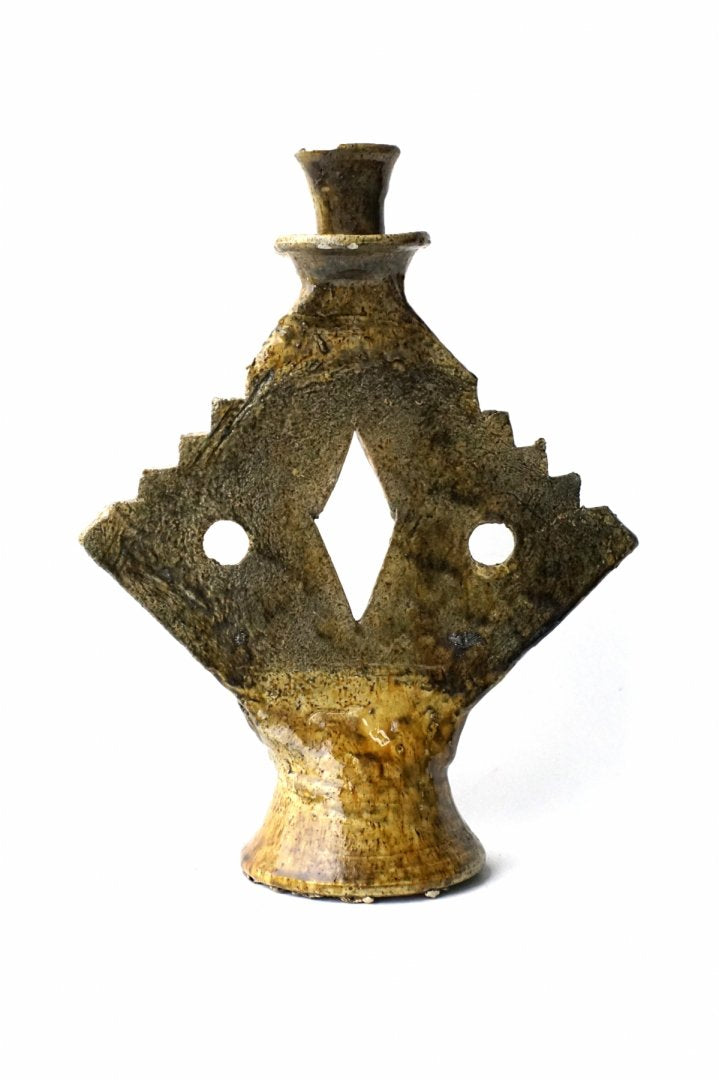 MOROCCO - TAMEGROUTE POTTERY CANDLE HOLDER - ZIG-ZAG DIAMOND - Yellow