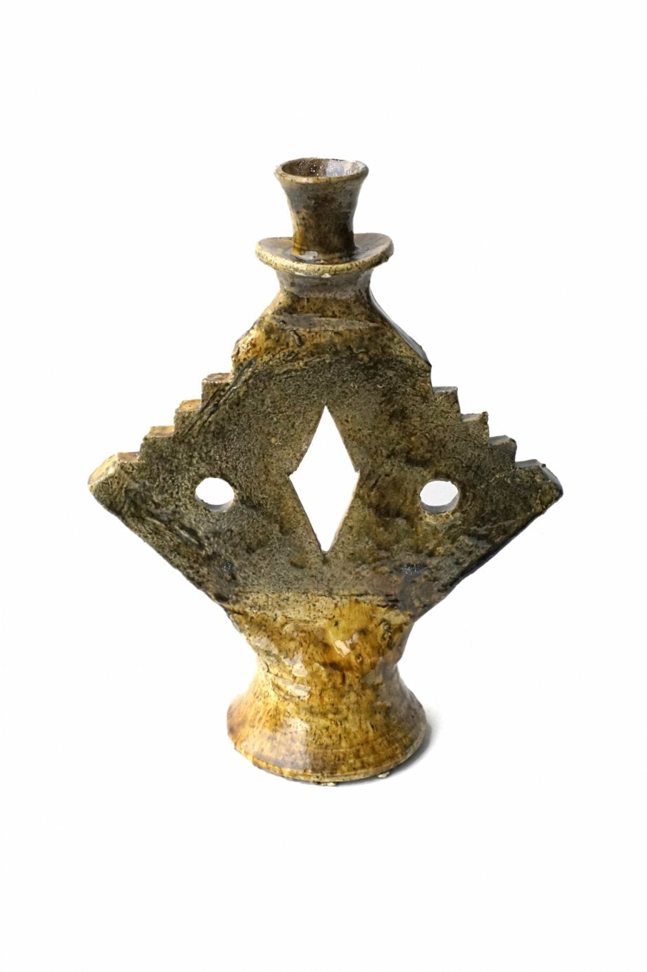 MOROCCO - TAMEGROUTE POTTERY CANDLE HOLDER - ZIG-ZAG DIAMOND - Yellow