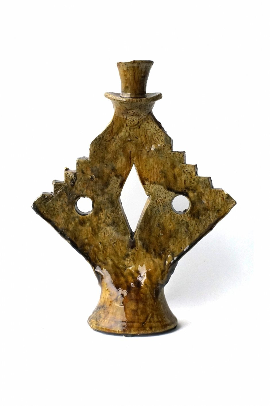 MOROCCO - TAMEGROUTE POTTERY CANDLE HOLDER - ZIG-ZAG DIAMOND - Yellow