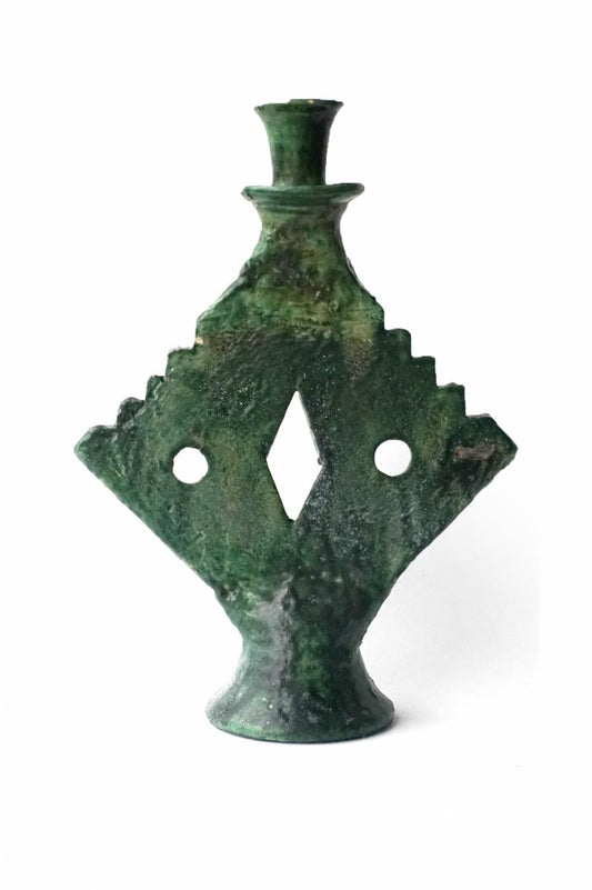 MOROCCO - TAMEGROUTE POTTERY CANDLE HOLDER - ZIG-ZAG DIAMOND - Green