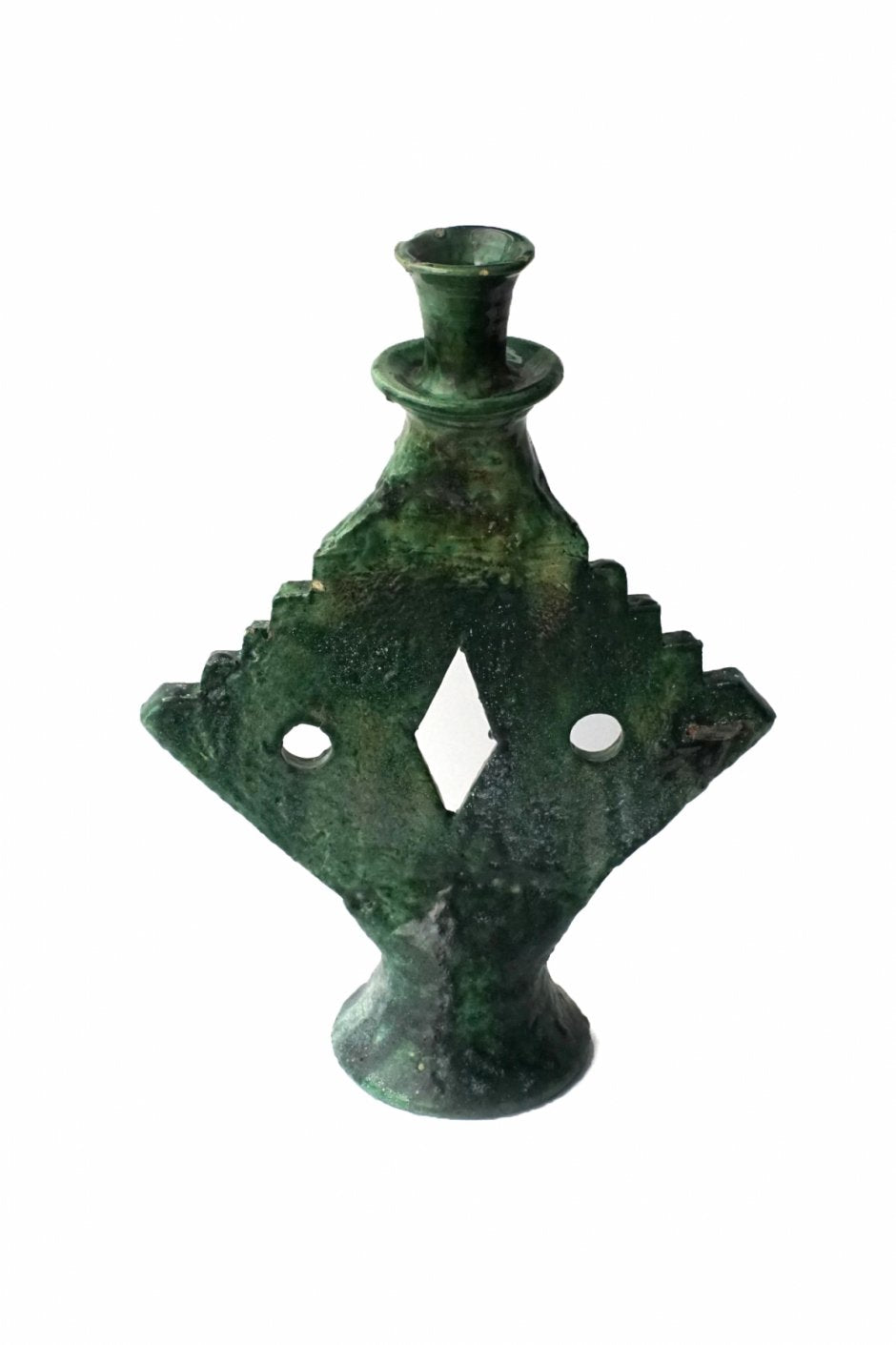 MOROCCO - TAMEGROUTE POTTERY CANDLE HOLDER - ZIG-ZAG DIAMOND - Green