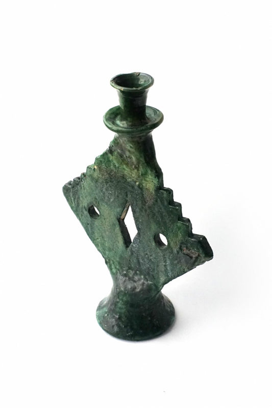 MOROCCO - TAMEGROUTE POTTERY CANDLE HOLDER - ZIG-ZAG DIAMOND - Green