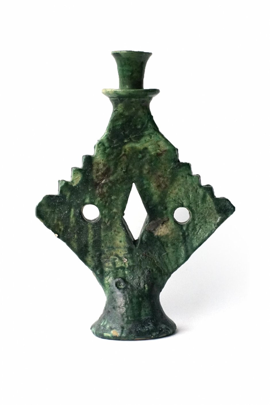 MOROCCO - TAMEGROUTE POTTERY CANDLE HOLDER - ZIG-ZAG DIAMOND - Green