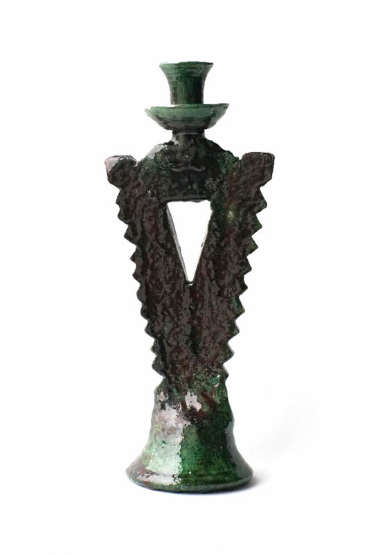 MOROCCO - TAMEGROUTE POTTERY CANDLE HOLDER - ZIG-ZAG - Green