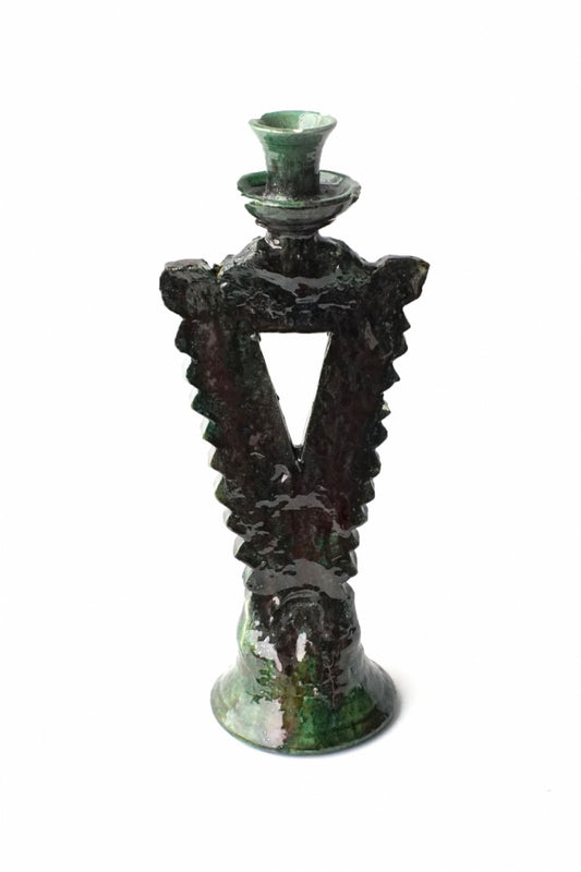 MOROCCO - TAMEGROUTE POTTERY CANDLE HOLDER - ZIG-ZAG - Green