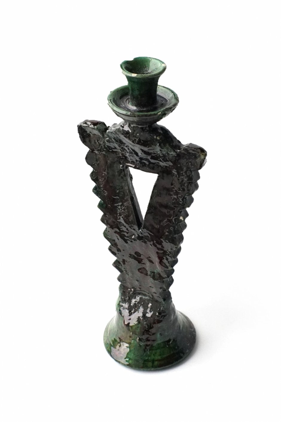 MOROCCO - TAMEGROUTE POTTERY CANDLE HOLDER - ZIG-ZAG - Green