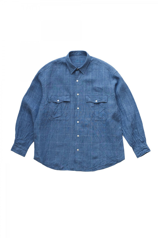 Porter Classic - ROLL UP LINEN CHECK SHIRT - BLUE