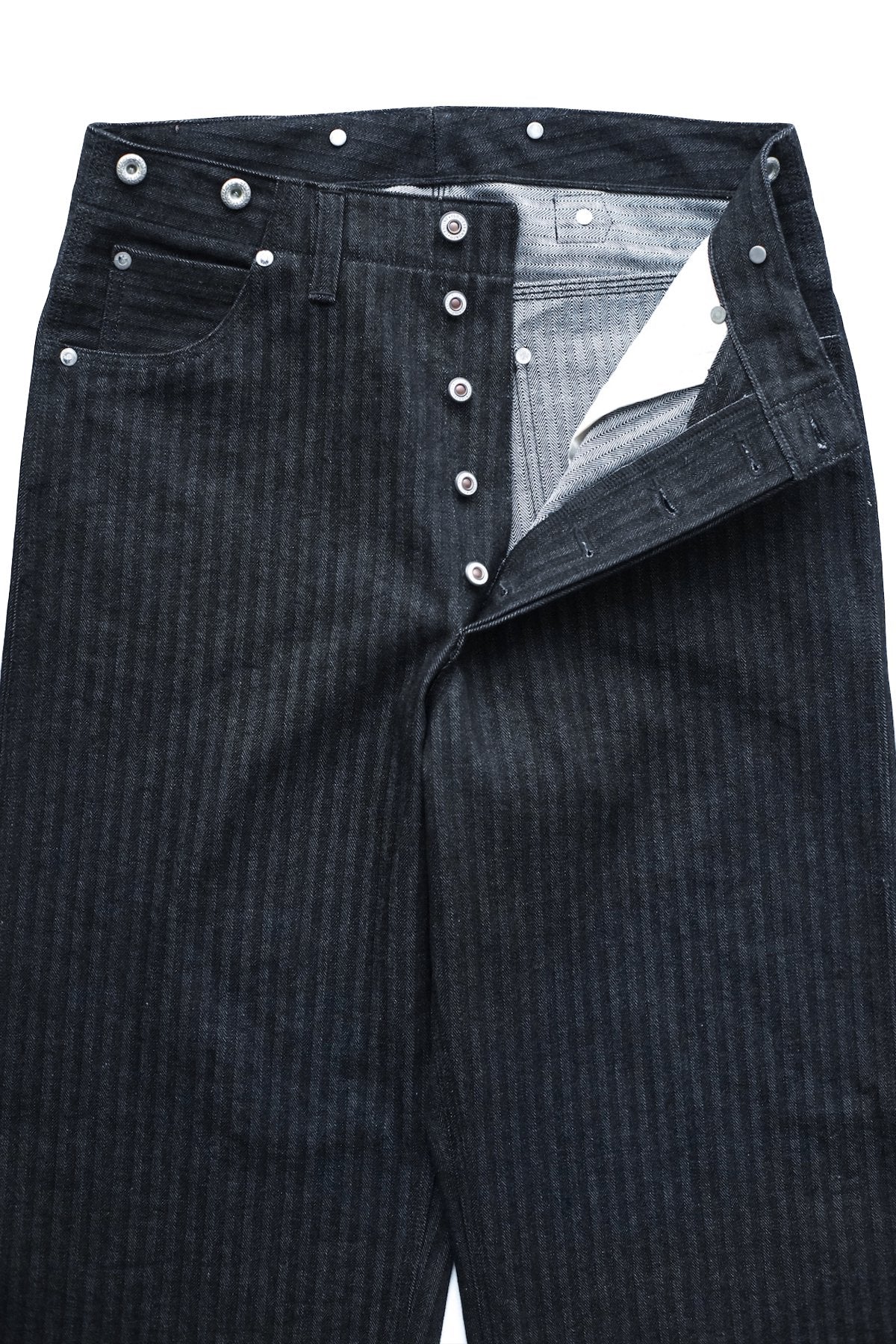 OLD JOE - TRIPPLE NEEDLE BELTLESS JEANS - INDIGO HERRINGBONE