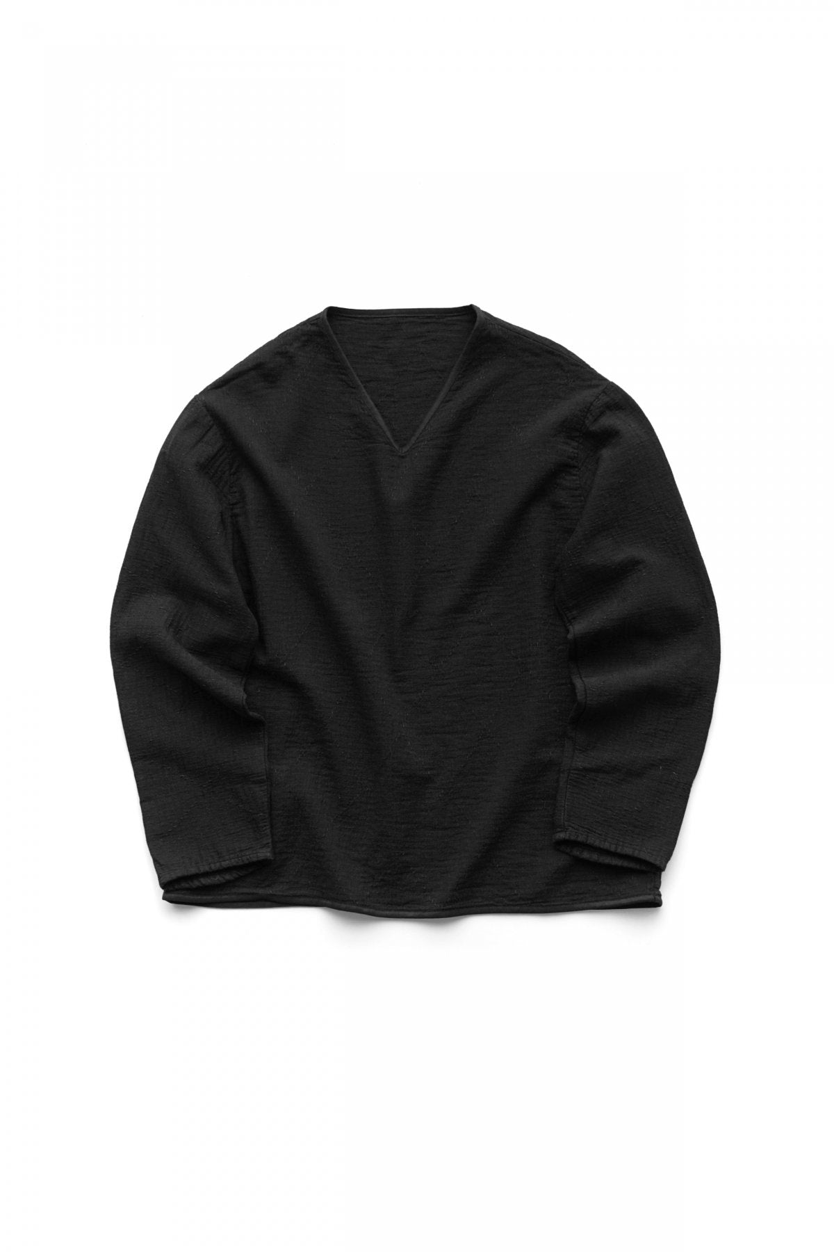 Porter Classic - SASHIKO STRETCH V-NECK LONG SLEEVE SHIRT - BLACK