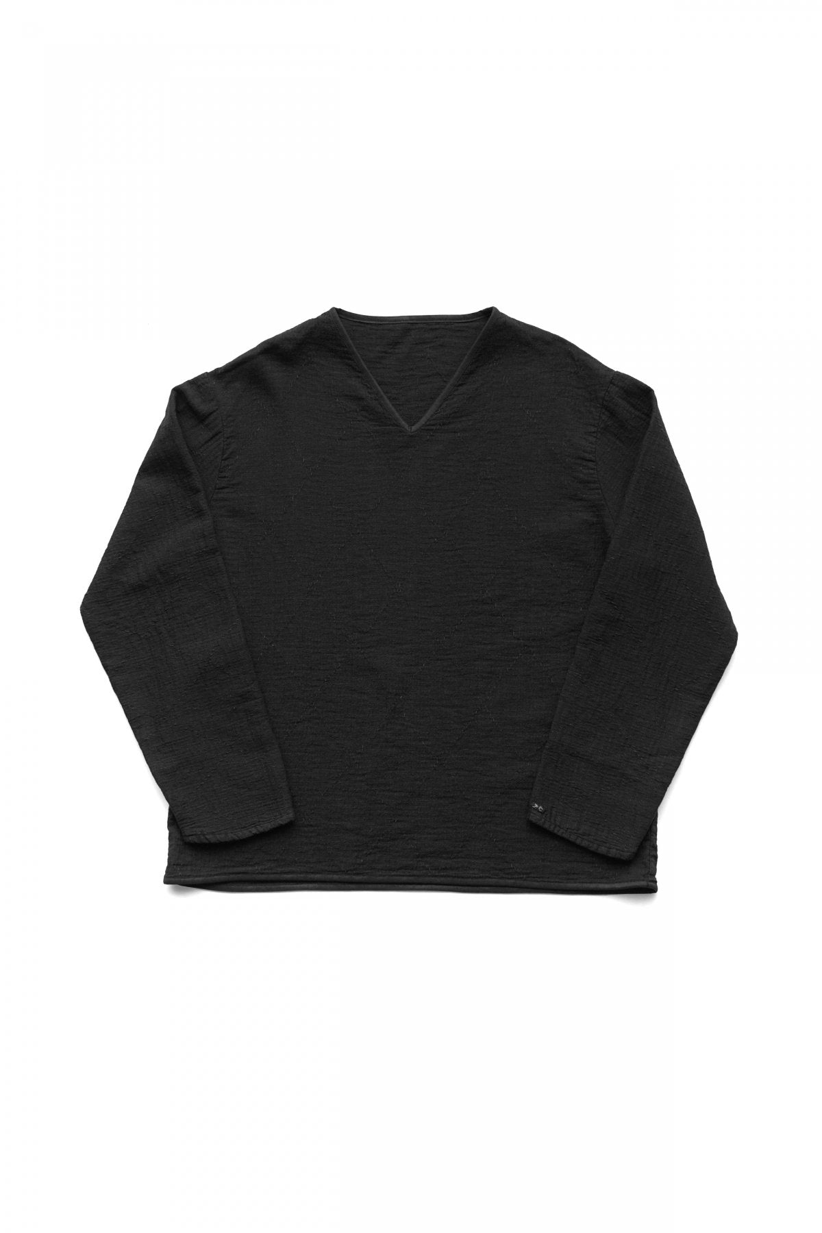 Porter Classic - SASHIKO STRETCH V-NECK LONG SLEEVE SHIRT - BLACK