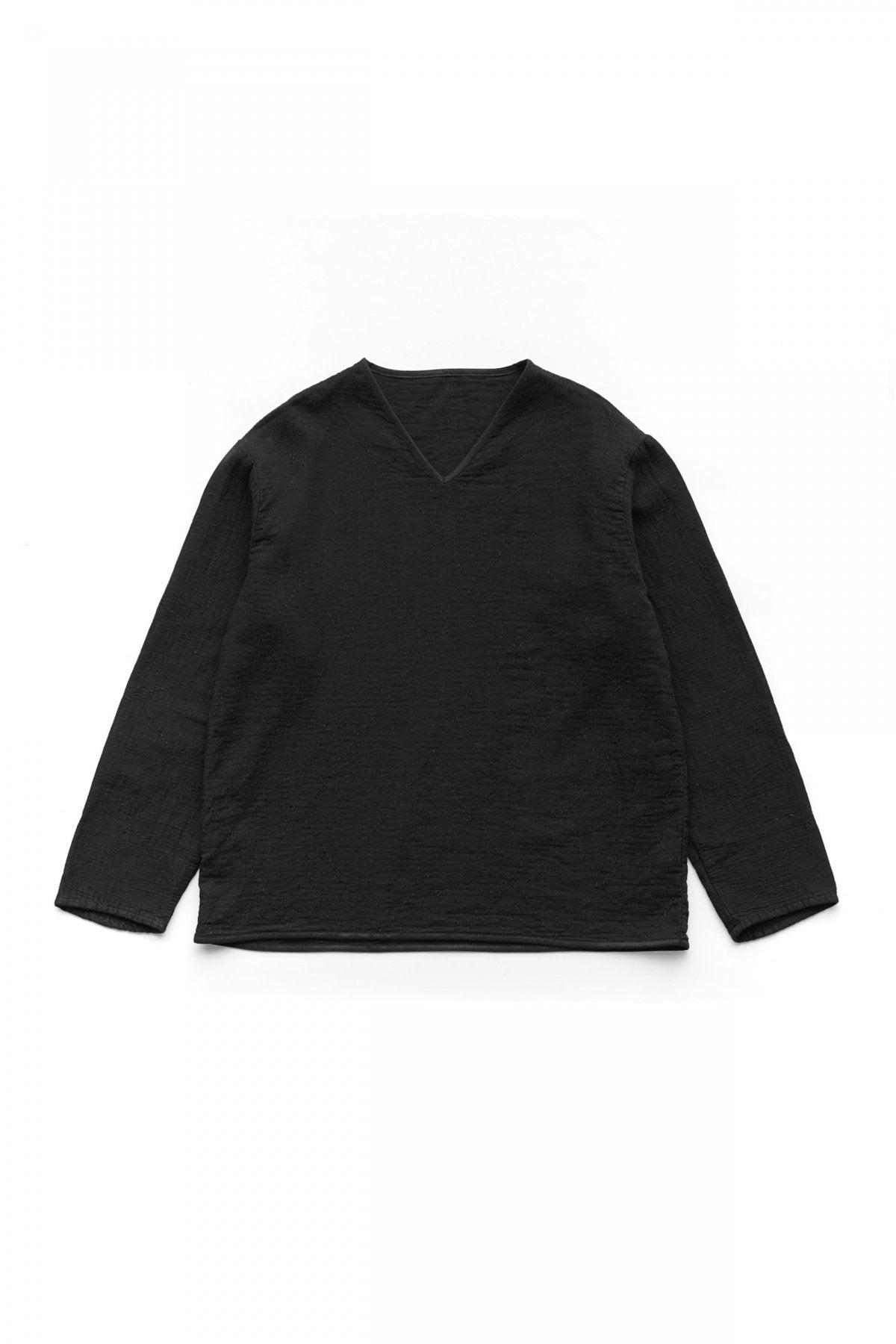 Porter Classic - SASHIKO STRETCH V-NECK LONG SLEEVE SHIRT - BLACK