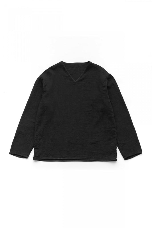 Porter Classic - SASHIKO STRETCH V-NECK LONG SLEEVE SHIRT - BLACK