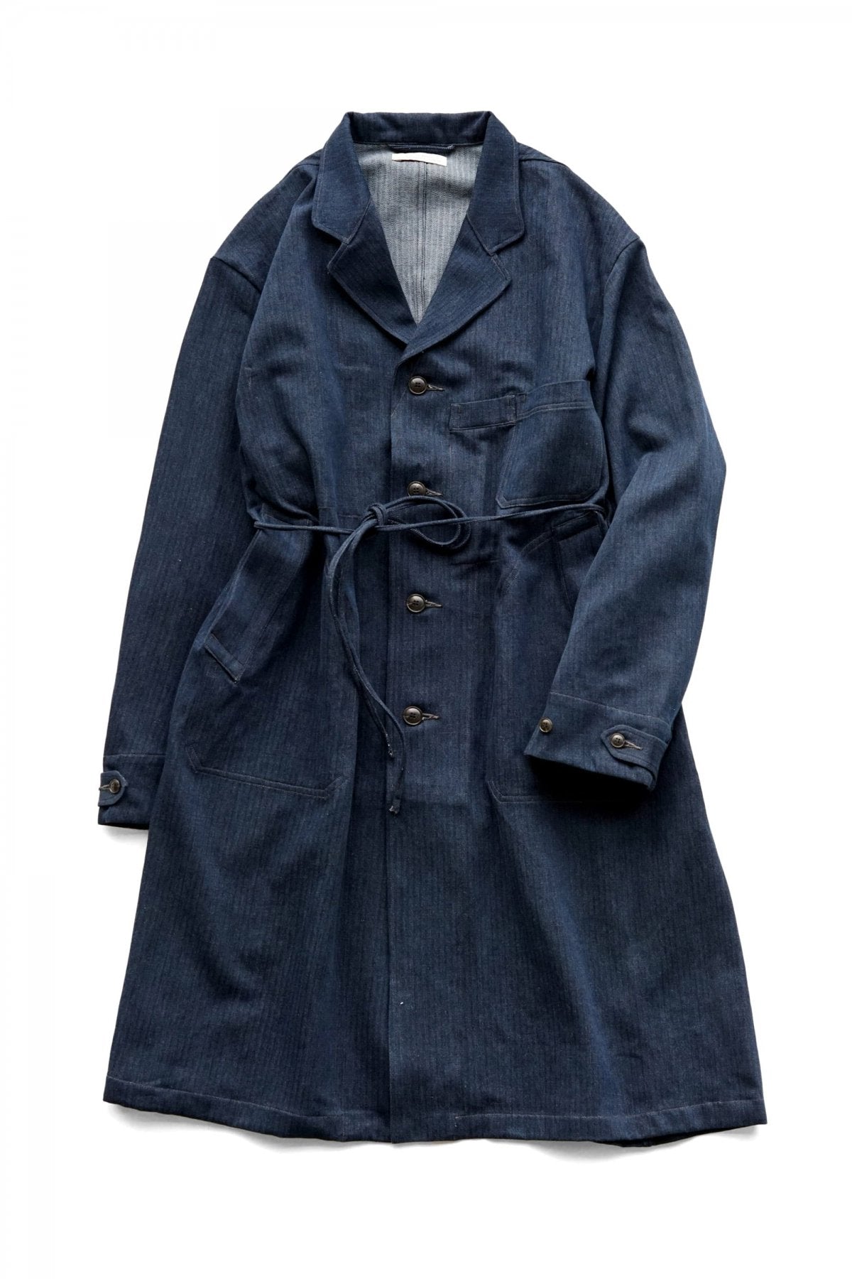 OLD JOE - ROPED WAIST ATELIER COAT - INDIGO HERRINGBONE