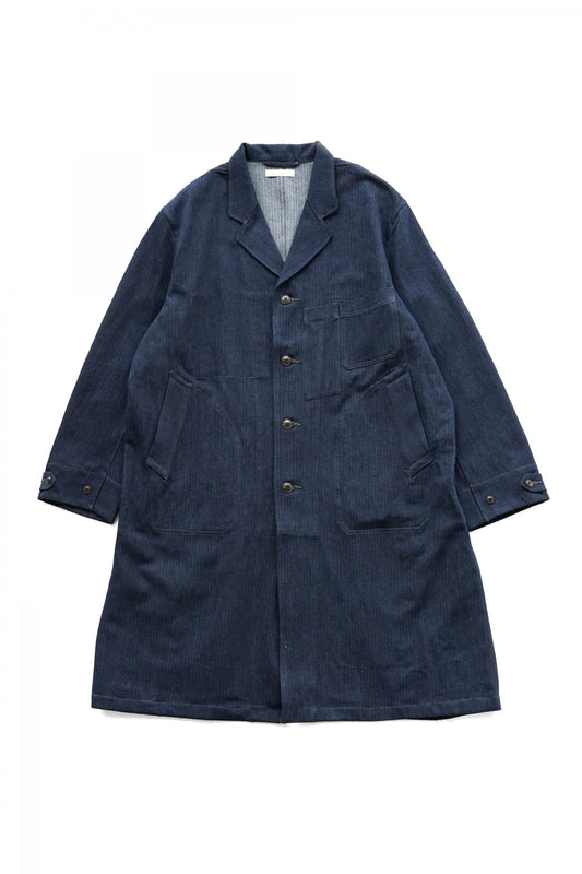 OLD JOE - ROPED WAIST ATELIER COAT - INDIGO HERRINGBONE