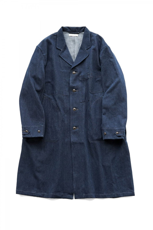 OLD JOE - ROPED WAIST ATELIER COAT - INDIGO HERRINGBONE