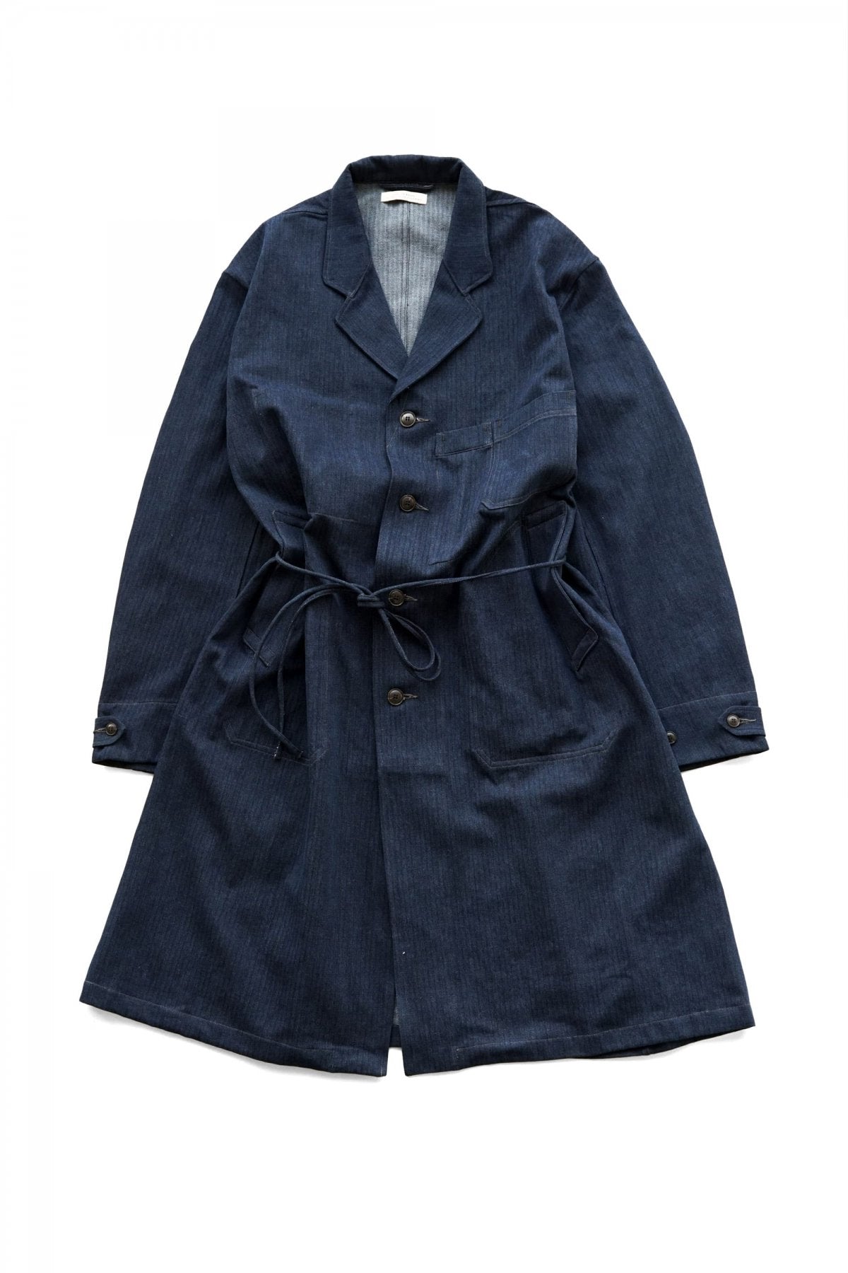 OLD JOE - ROPED WAIST ATELIER COAT - INDIGO HERRINGBONE