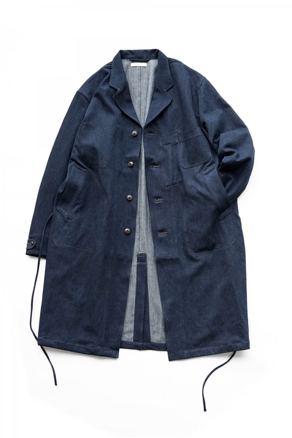 OLD JOE - ROPED WAIST ATELIER COAT - INDIGO HERRINGBONE