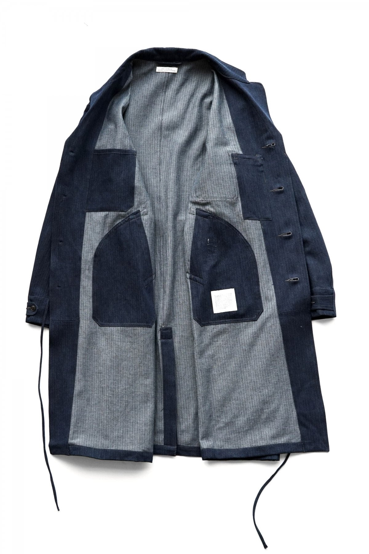 OLD JOE - ROPED WAIST ATELIER COAT - INDIGO HERRINGBONE