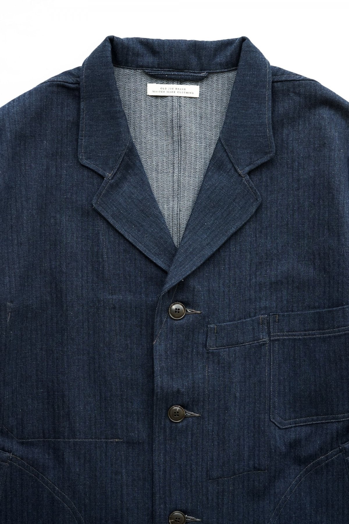 OLD JOE - ROPED WAIST ATELIER COAT - INDIGO HERRINGBONE