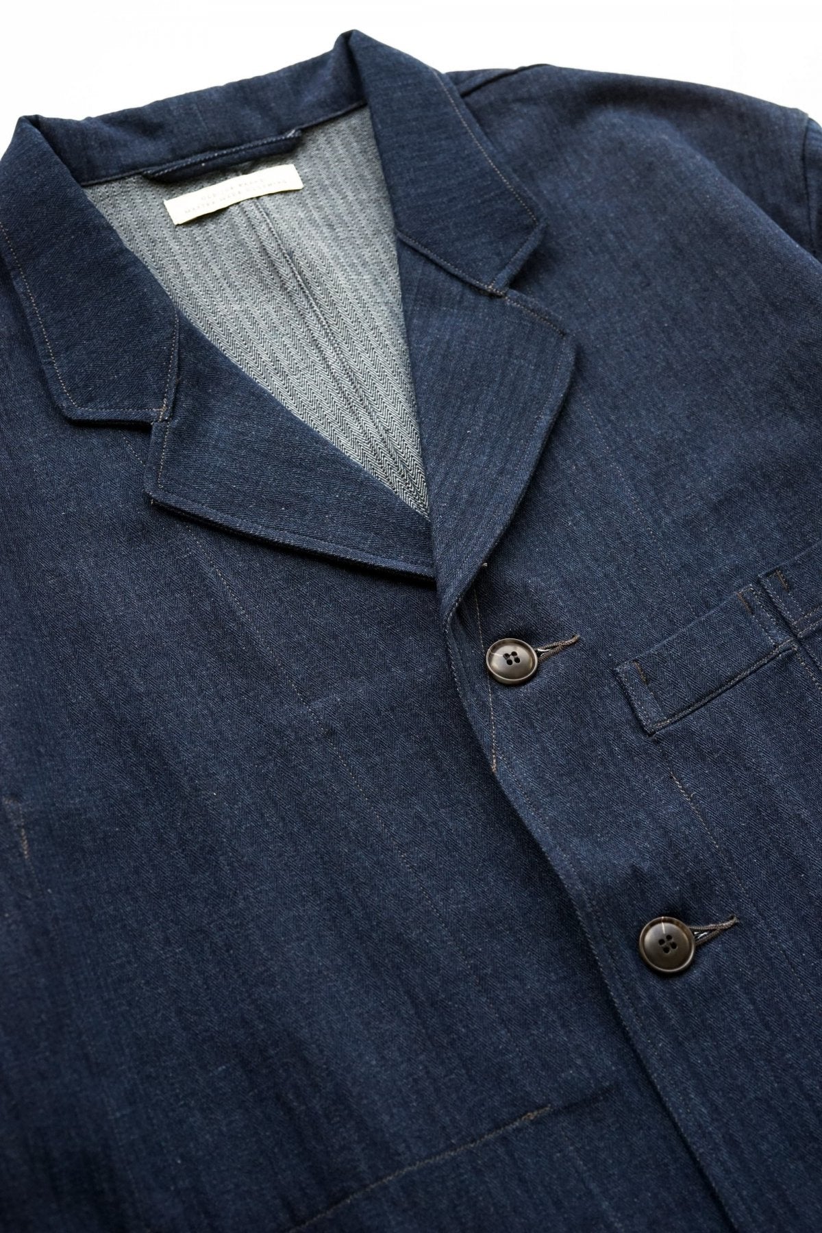 OLD JOE - ROPED WAIST ATELIER COAT - INDIGO HERRINGBONE