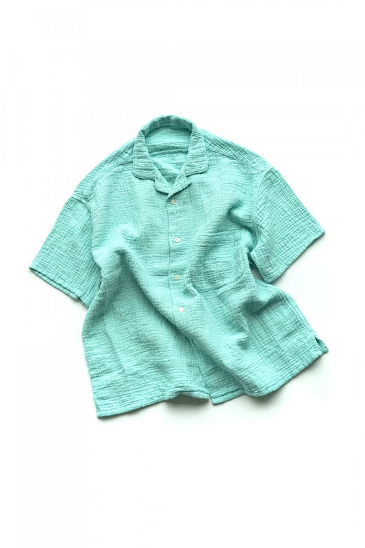 Porter Classic - SASHIKO LINEN PREMIUM SHORT SLEEVE SHIRT - TURQUOISE