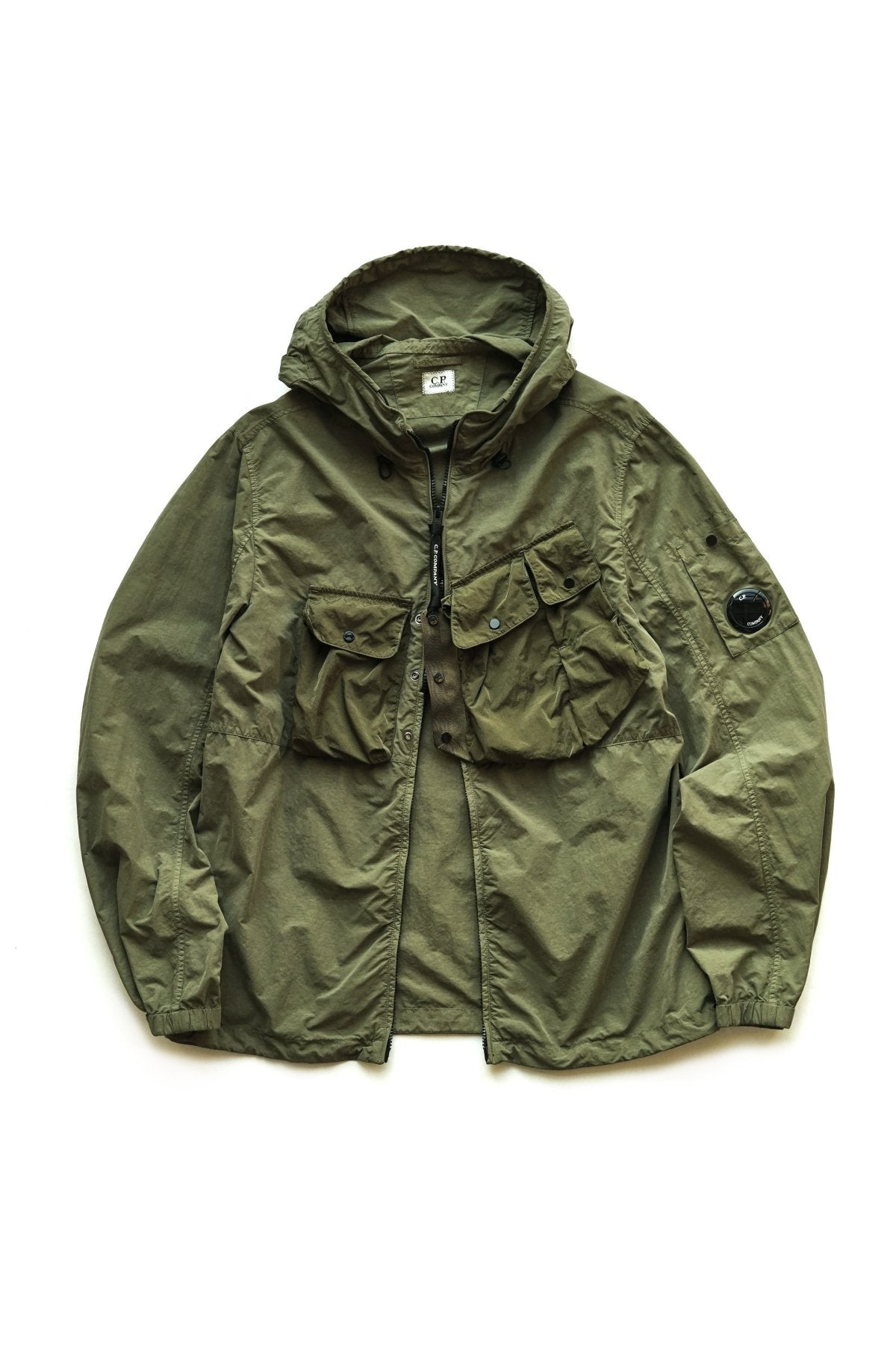 C.P. COMPANY - FLATT NYLON MIXED HOODED OVERSHIRT - BURNT OLIVE