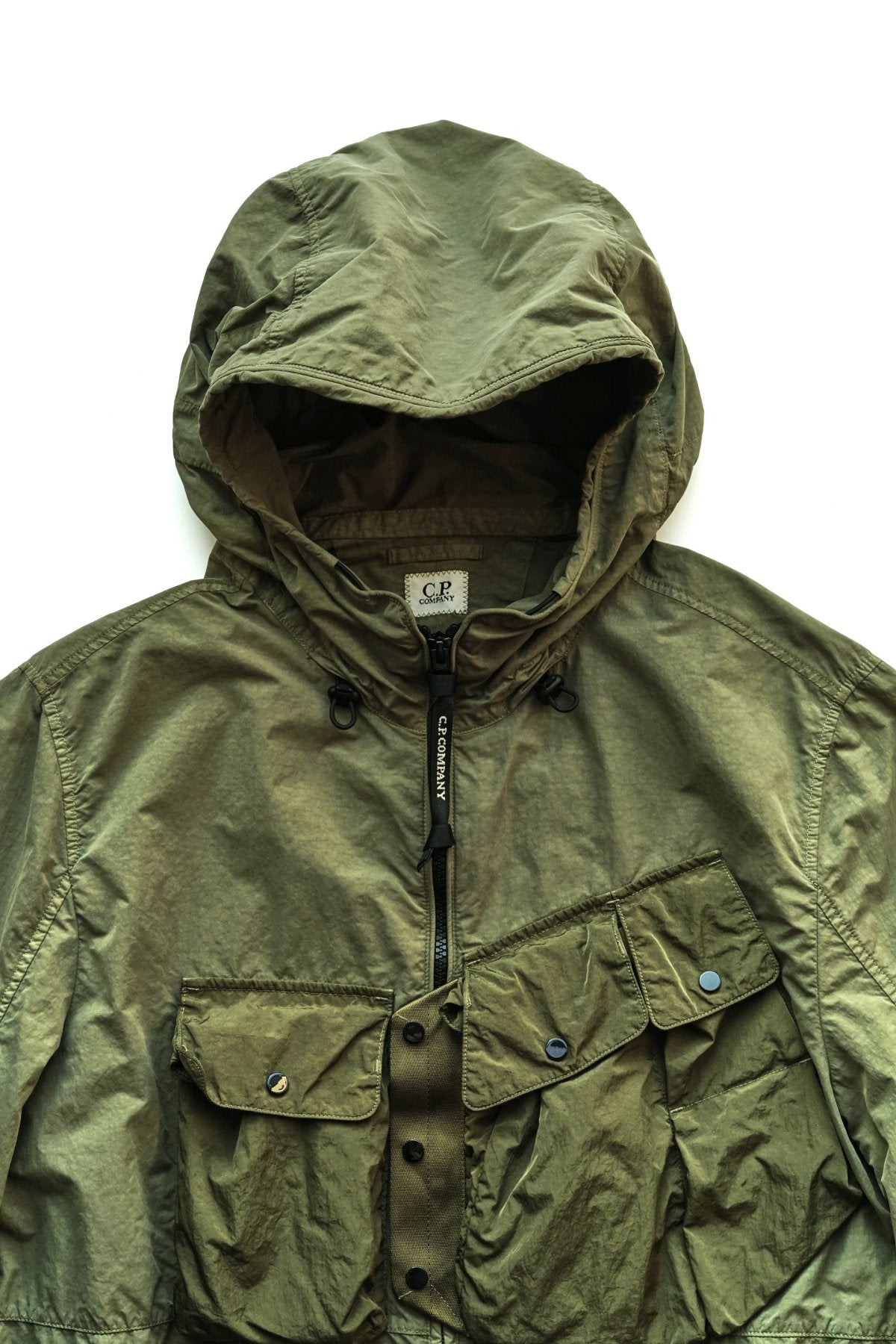 C.P. COMPANY - FLATT NYLON MIXED HOODED OVERSHIRT - BURNT OLIVE