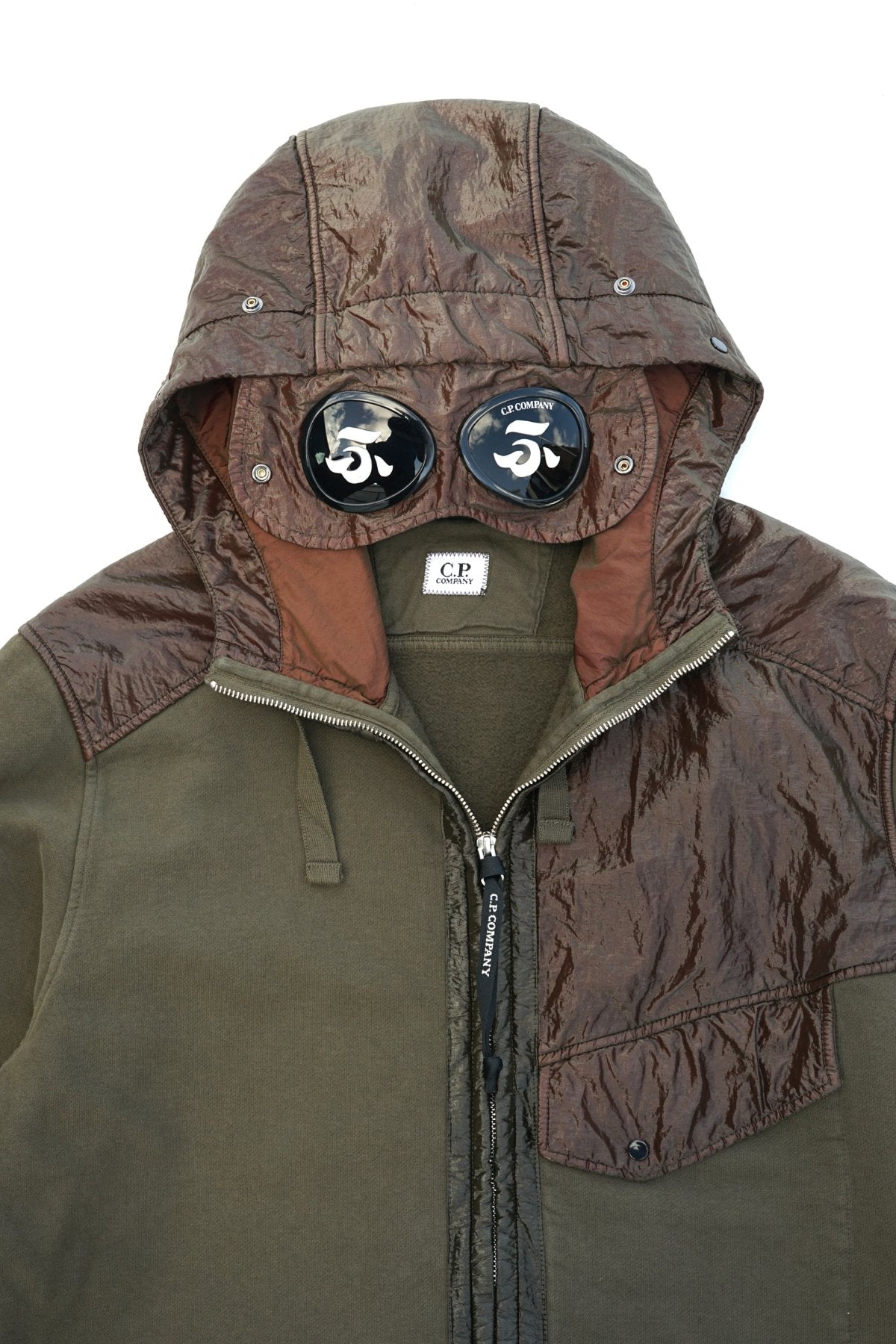 C.P. COMPANY - DIAGONAL FLEECE MIXED ZIPPED GOGGLE HOODIE - IVY GREEN