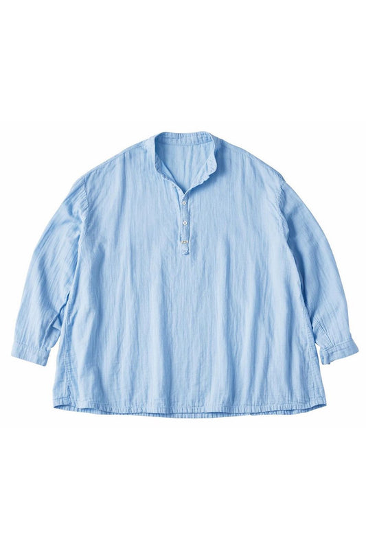 Porter Classic - SUVIN GOLD GAUZE STAND COLLAR LONG SMOCK SHIRT - BLUE