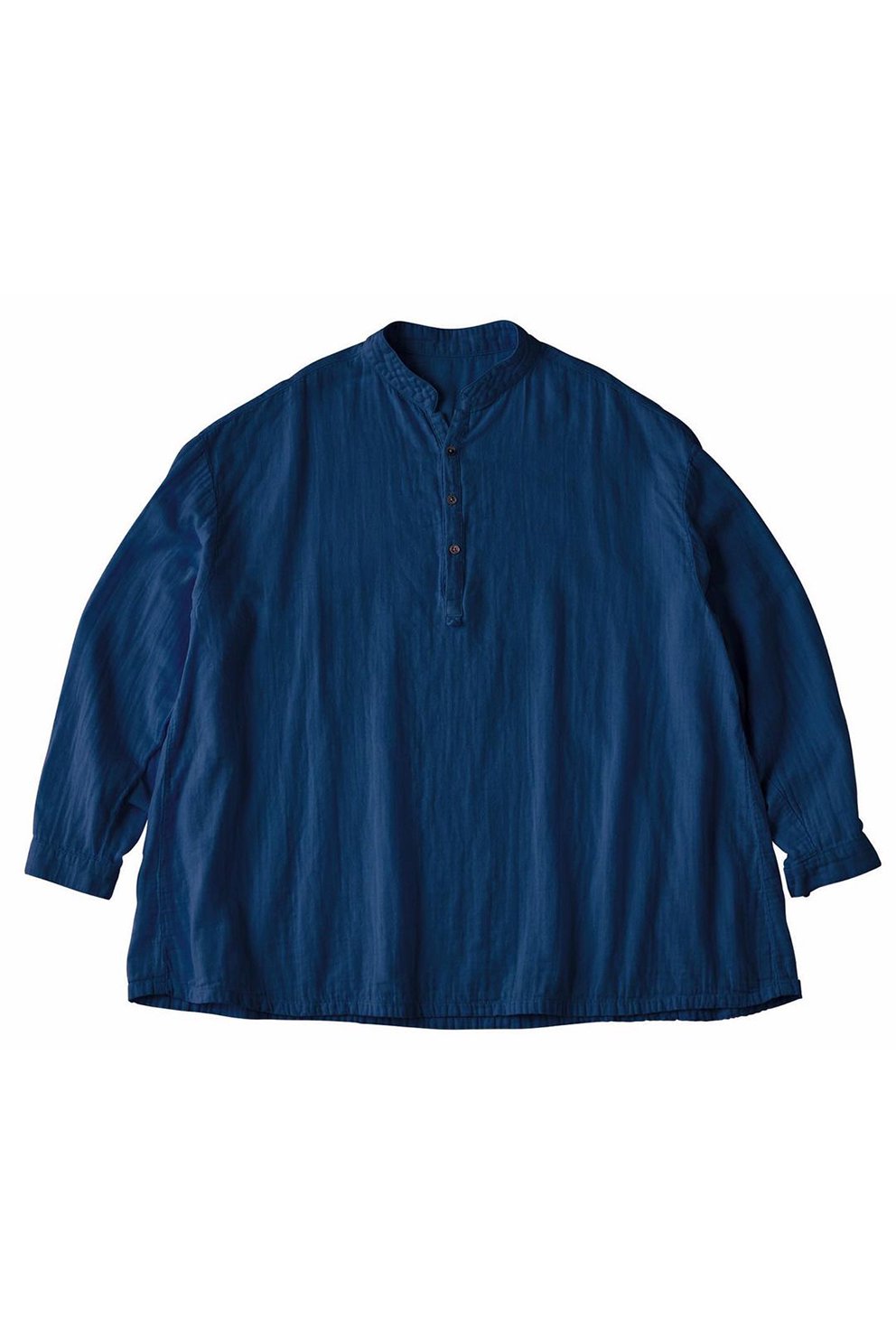 Porter Classic - SUVIN GOLD GAUZE STAND COLLAR LONG SMOCK SHIRT - NAVY