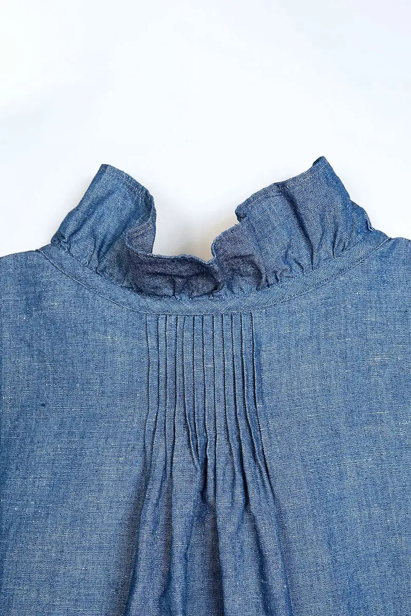 ◯ Nigel Cabourn woman - GATHER COLLAR BLOUSE C/L - INDIGO