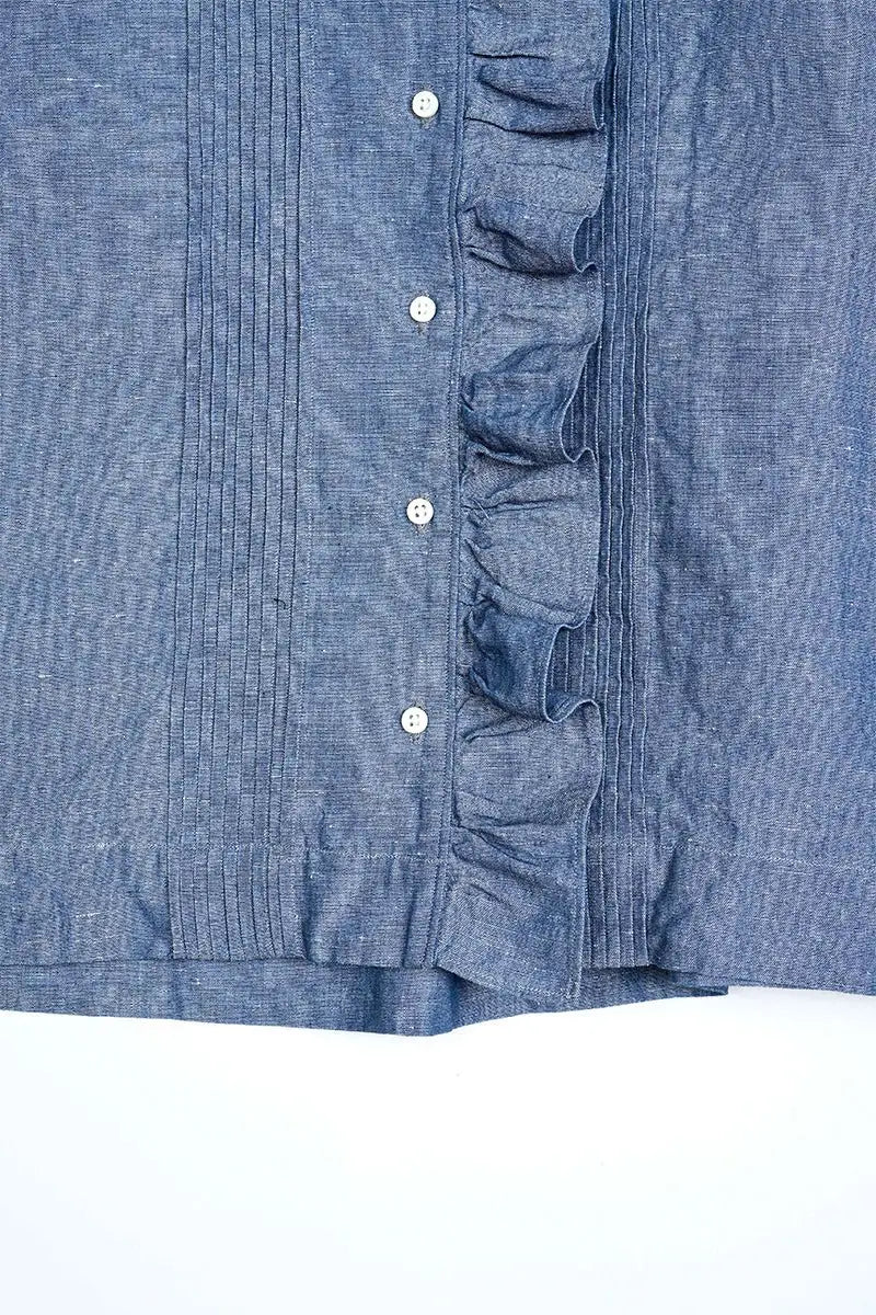 ◯ Nigel Cabourn woman - GATHER COLLAR BLOUSE C/L - INDIGO