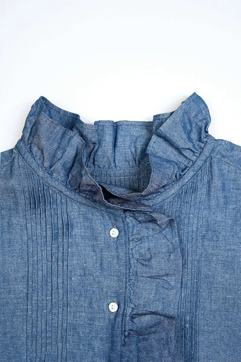 ◯ Nigel Cabourn woman - GATHER COLLAR BLOUSE C/L - INDIGO