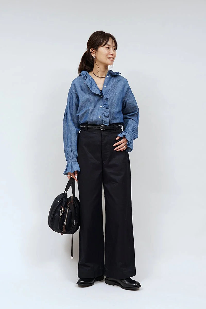 ◯ Nigel Cabourn woman - GATHER COLLAR BLOUSE C/L - INDIGO